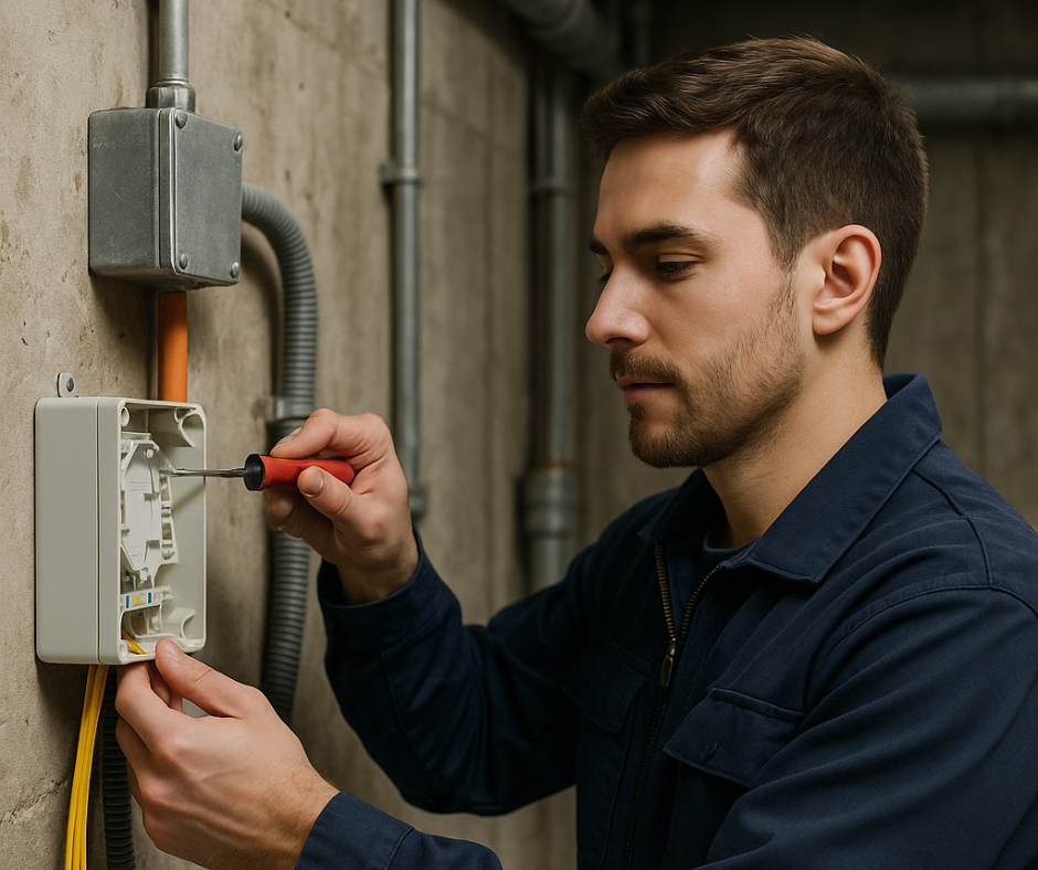Technician installing fiber distribution box – illustrating S&S Solutions GmbH’s building entry routing and secure connection setup